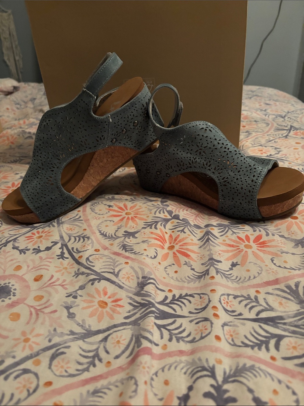 Very G Light Blue Perforated Wedge Sandals - Size 9
